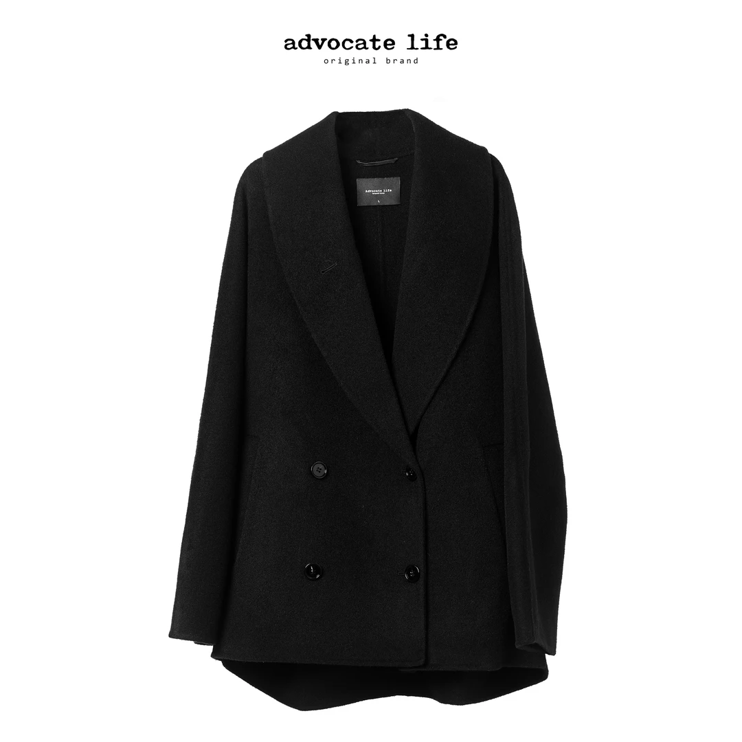 生活主张 Advocatelife时尚气质简约绵羊毛黑色呢子外套HQ372390
