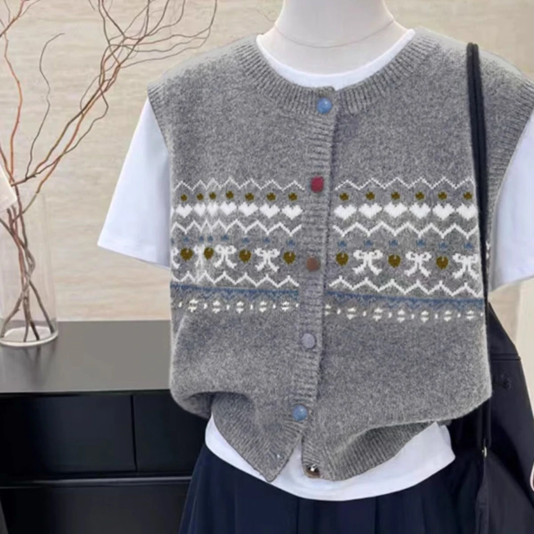 品牌折扣女装专柜撤柜正品秋冬复古提花针织坎肩背心马夹上衣马甲