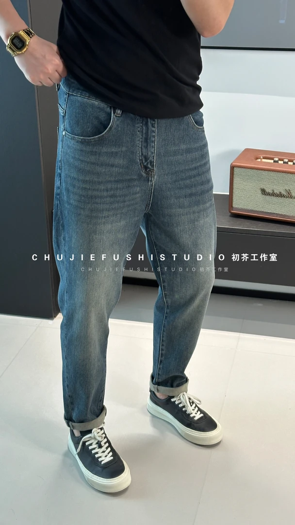 CHUJIE韩版合身复古小直筒弹力牛仔裤