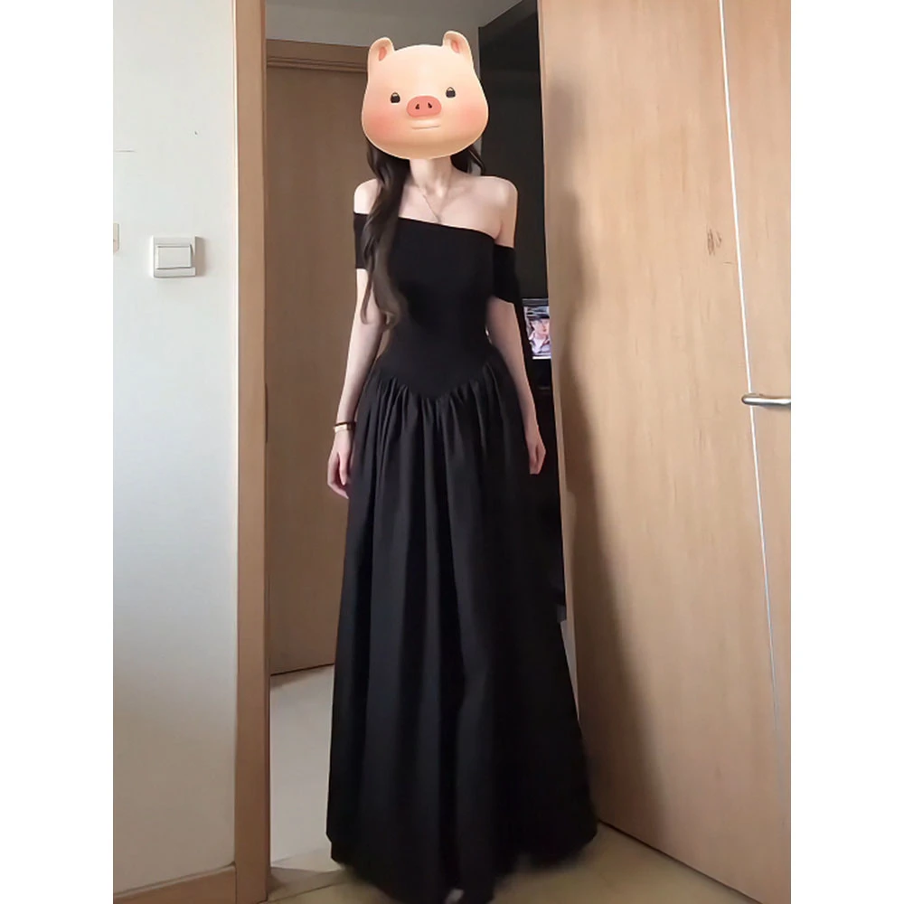 法式赫本风一字肩飘带大裙摆黑色连衣裙女夏季显瘦气质御姐长裙子