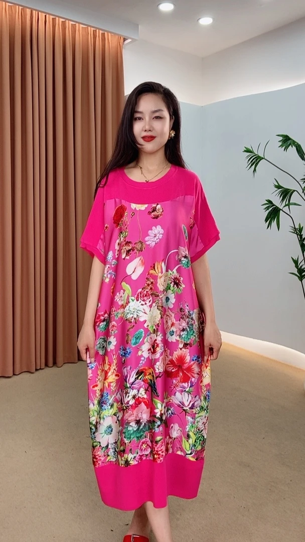 086号女装复古夏季气质优雅印花连衣裙显瘦气质大摆裙长款时尚