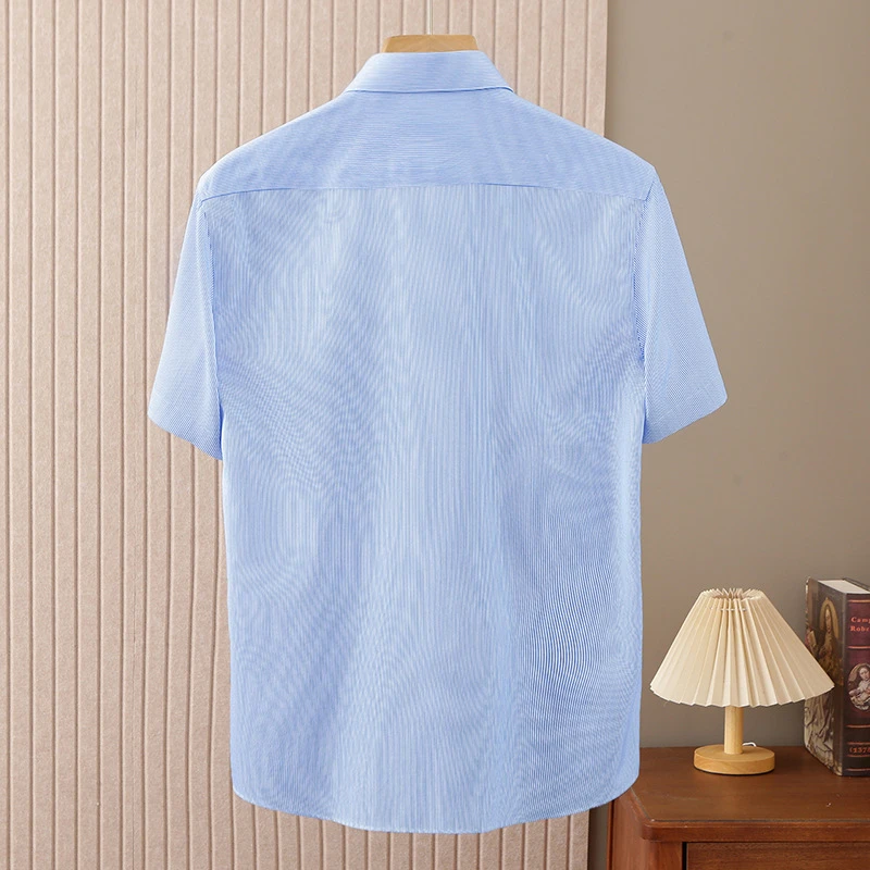 男士薄款短袖衬衫海剪标条纹商务休闲高级感100纯棉衬衣男装