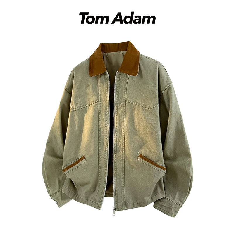 TOMADAM美式大码翻领夹克男春秋宽松工装外套军绿色休闲上衣
