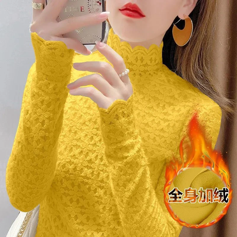 蕾丝打底衫女高领加绒秋冬季内搭修身显瘦洋气磨毛长袖上衣百搭