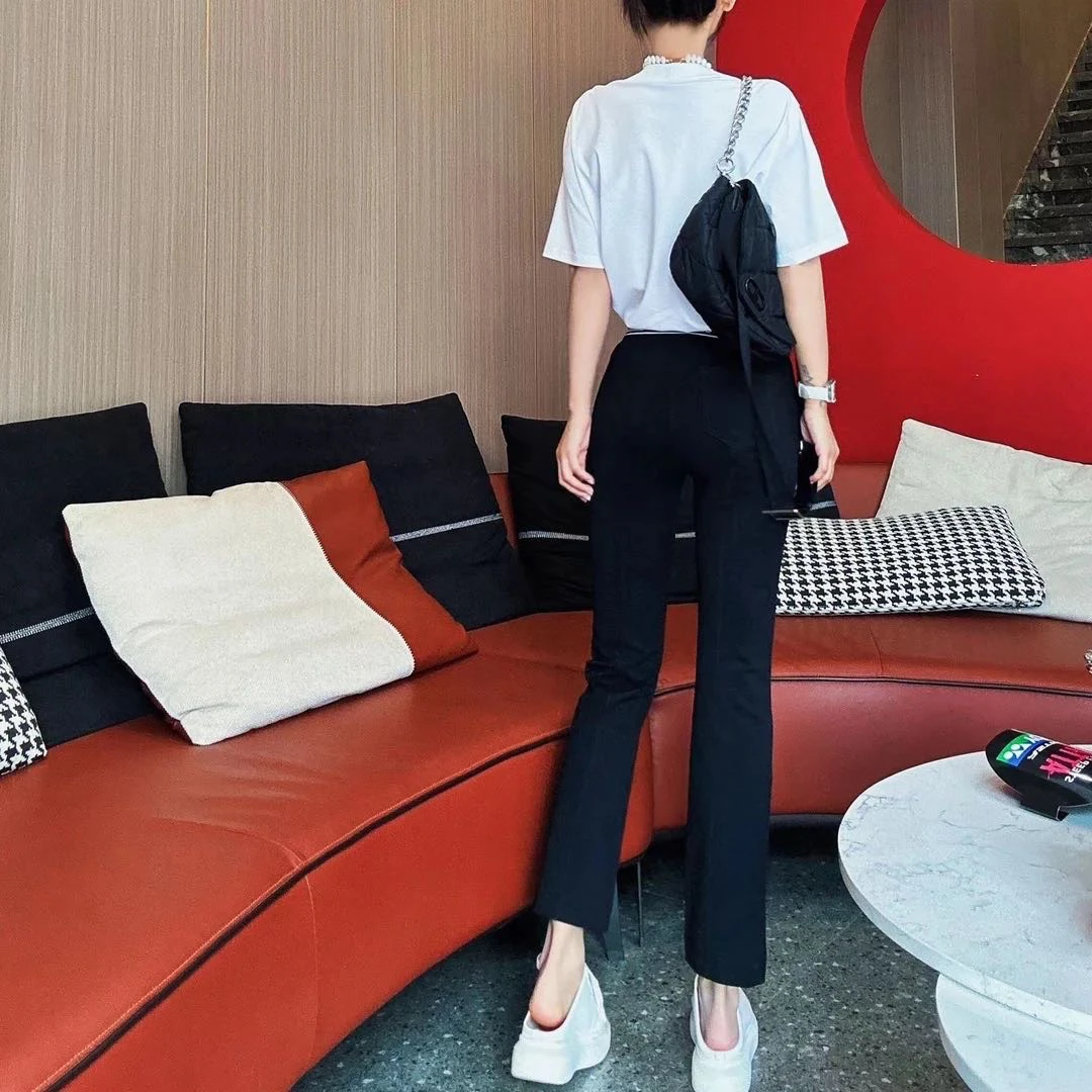 【GIRDE正品】字母黑色松紧腰四面弹休闲微喇裤修身长裤5100460