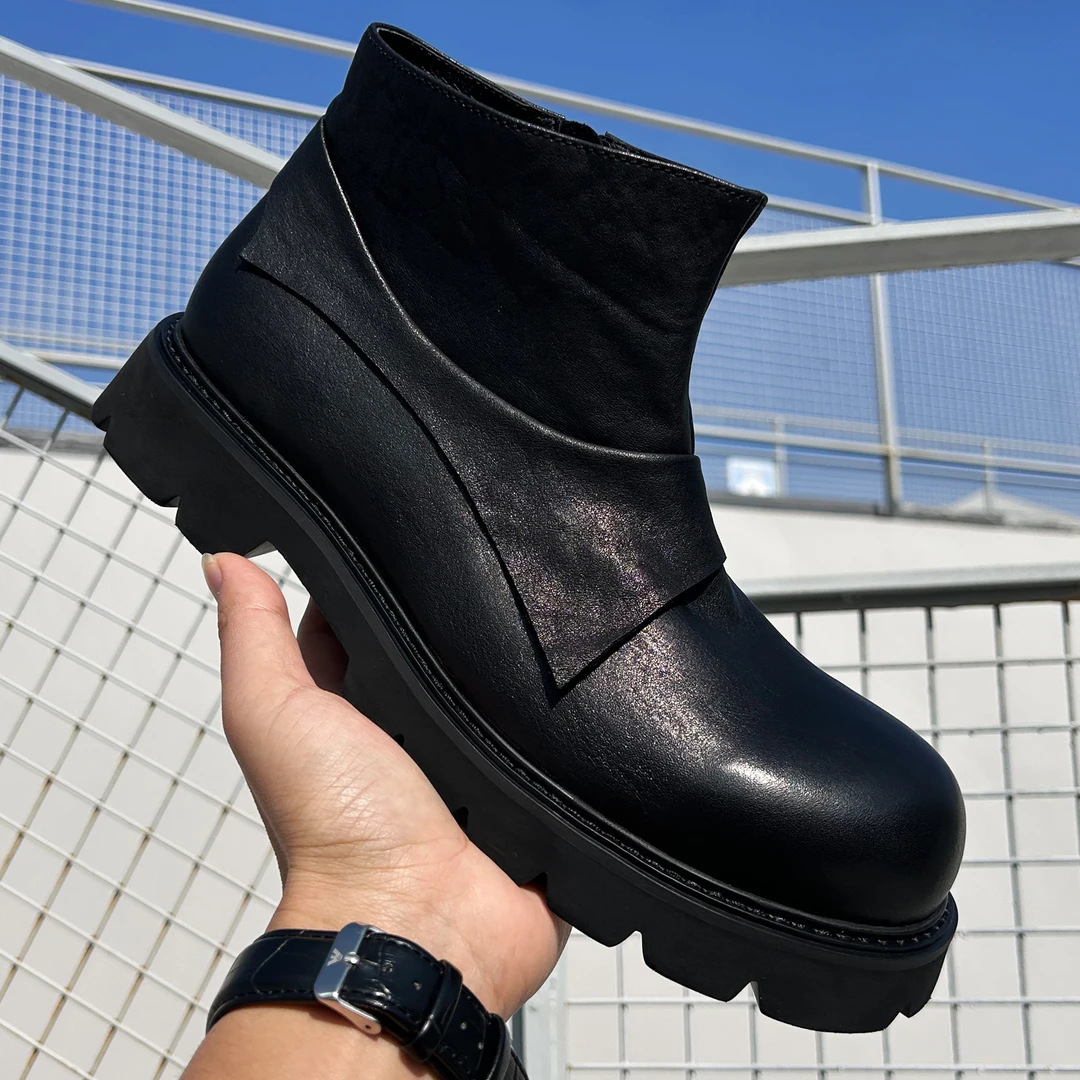 2025秋季新款时尚潮流小众款圆头拉链短靴头层牛皮切尔西真皮男靴