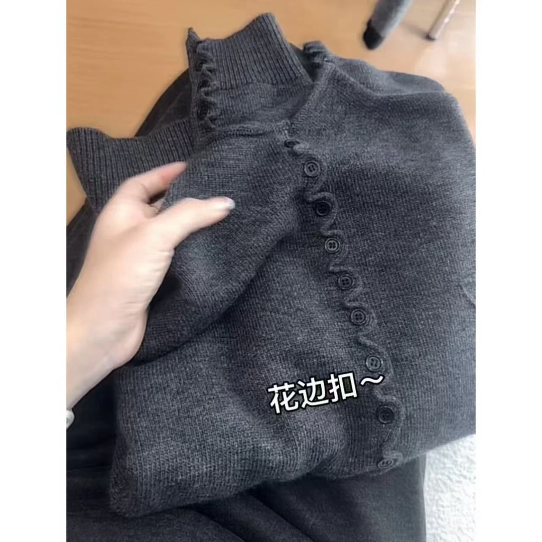 丽姐家~花边扣深灰长袖纯色百搭早秋开衫上衣