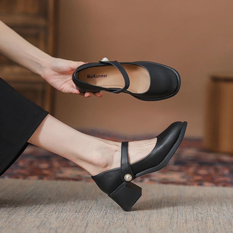 JHX爆款新款粗跟真皮玛丽珍鞋女四季外穿不累脚松糕一脚登女鞋