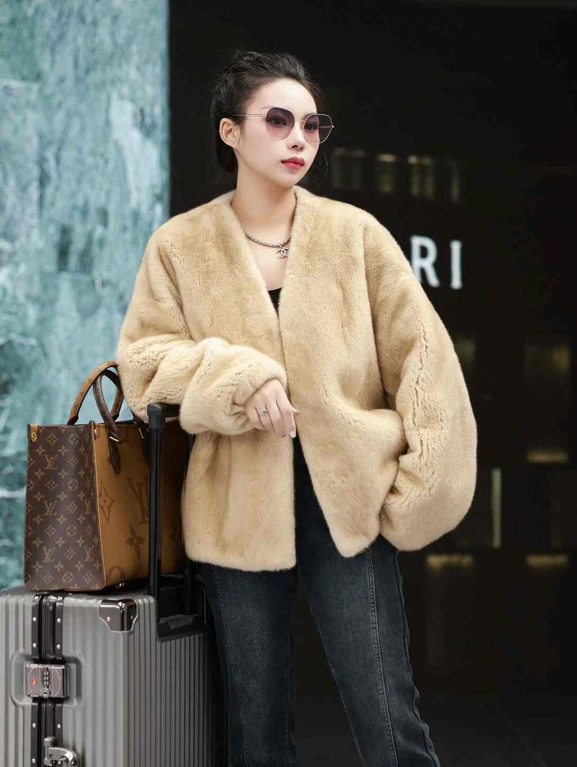 进口紫标级水貂皮皮草女整貂大衣貂毛V领外套短款5091