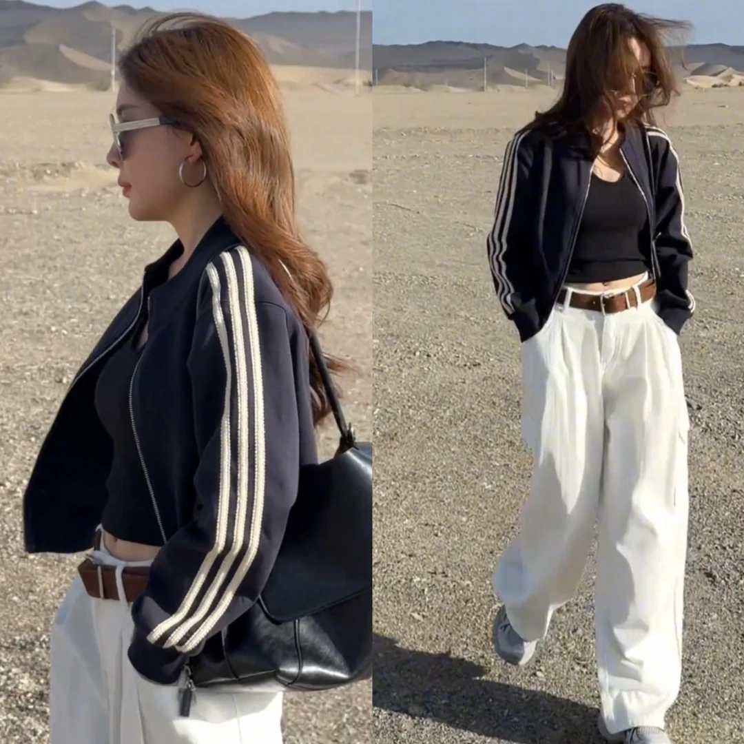 正品三条杠立领棒球服短外套女2025秋季宽松时尚流行美式运动上衣