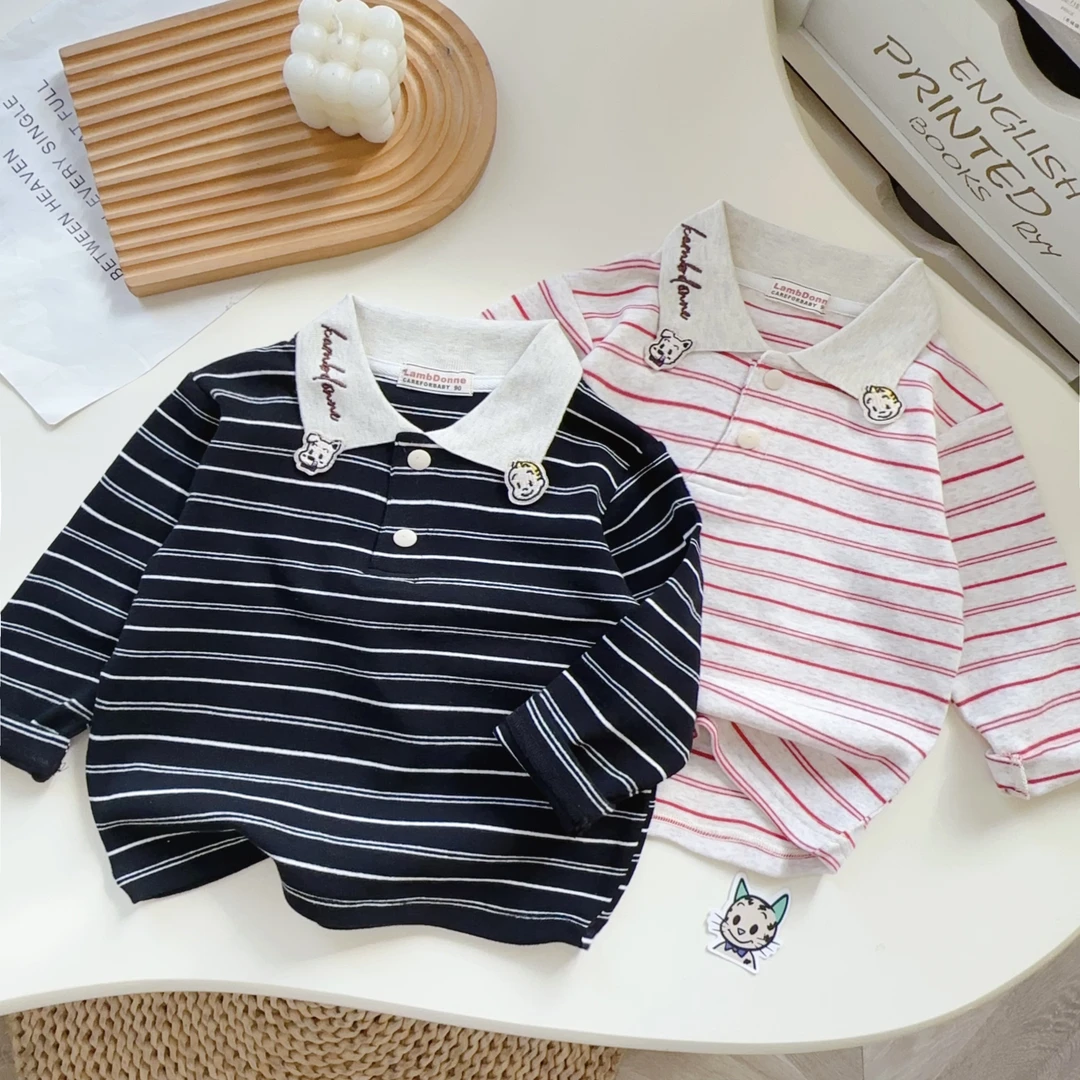 卡通刺绣条纹男童Polo领打底衫儿童长袖T恤B1501