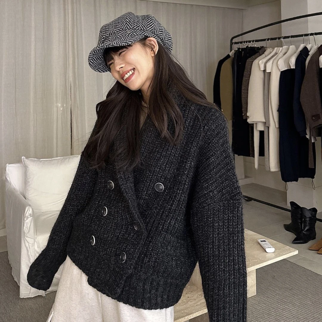 双排扣叠领毛衣开衫韩系慵懒风针织开衫简约粗花呢宽松休闲外套