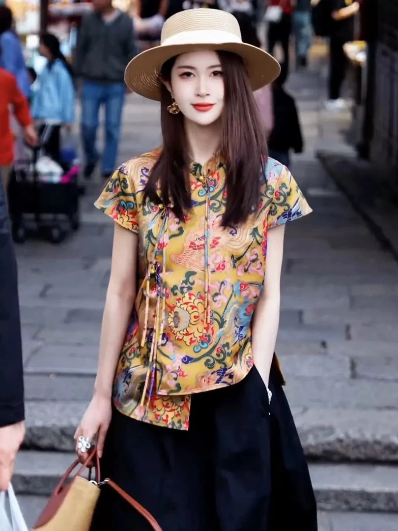 【650】新中式国风立领盘扣短袖衬衫女时尚洋气气质显瘦上衣