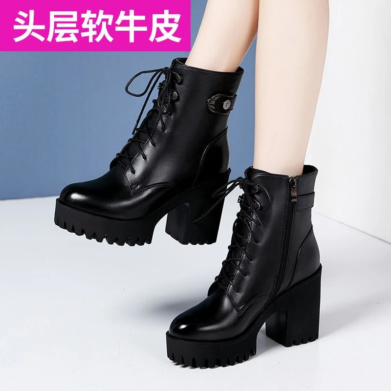 头层牛皮马丁靴女2025秋冬新款真皮系带中筒靴防水台厚底高跟短靴