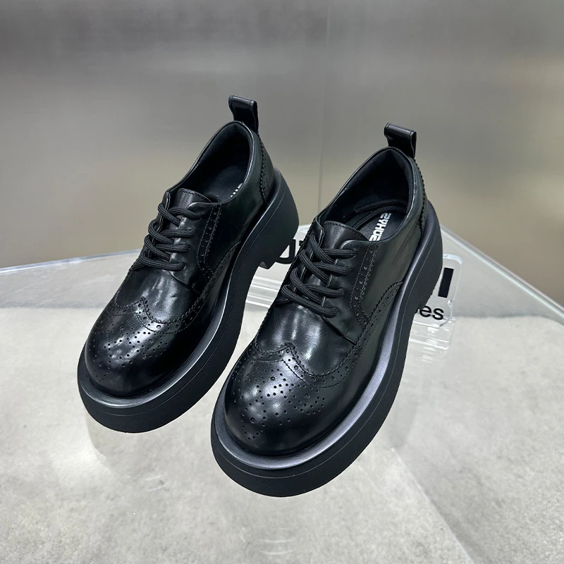 【左右华菲】5.5cm英伦风布洛克时尚厚底乐福鞋2025休闲黑色小皮鞋