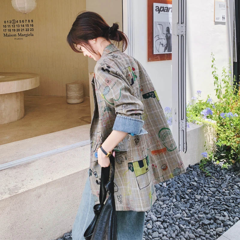 涂鸦设计感格纹西装外套女春秋2025年新款牛仔拼接洋气独特小西服