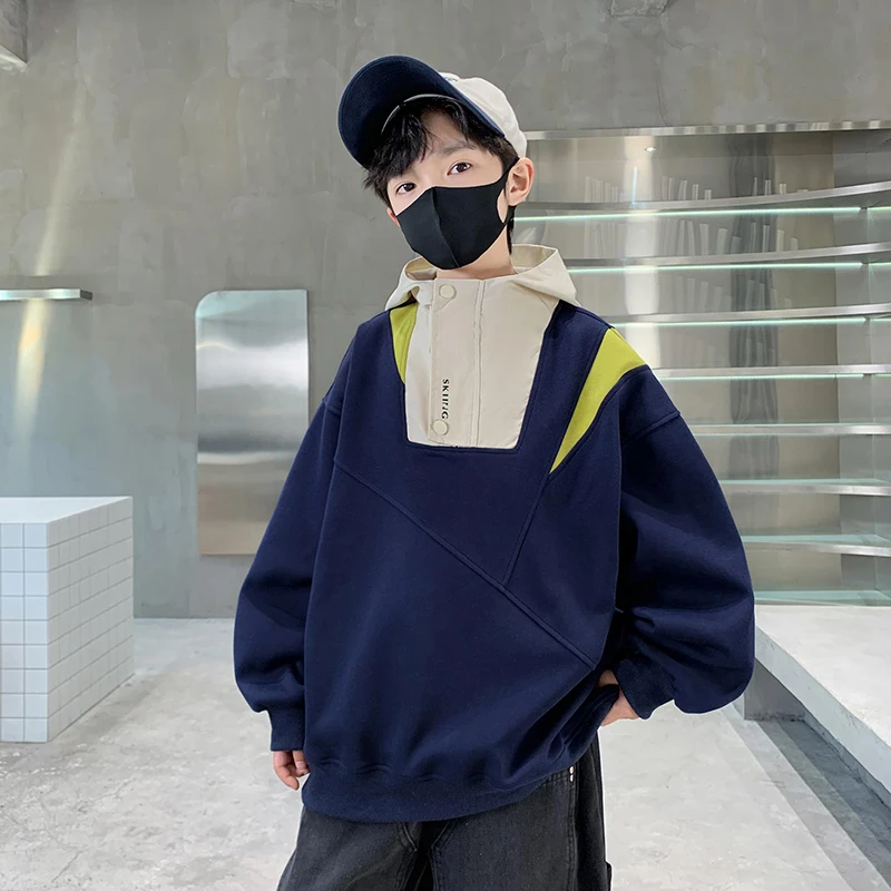 男童春秋款连帽卫衣拼接外套潮童2025新款青少年中大童男孩打底衫