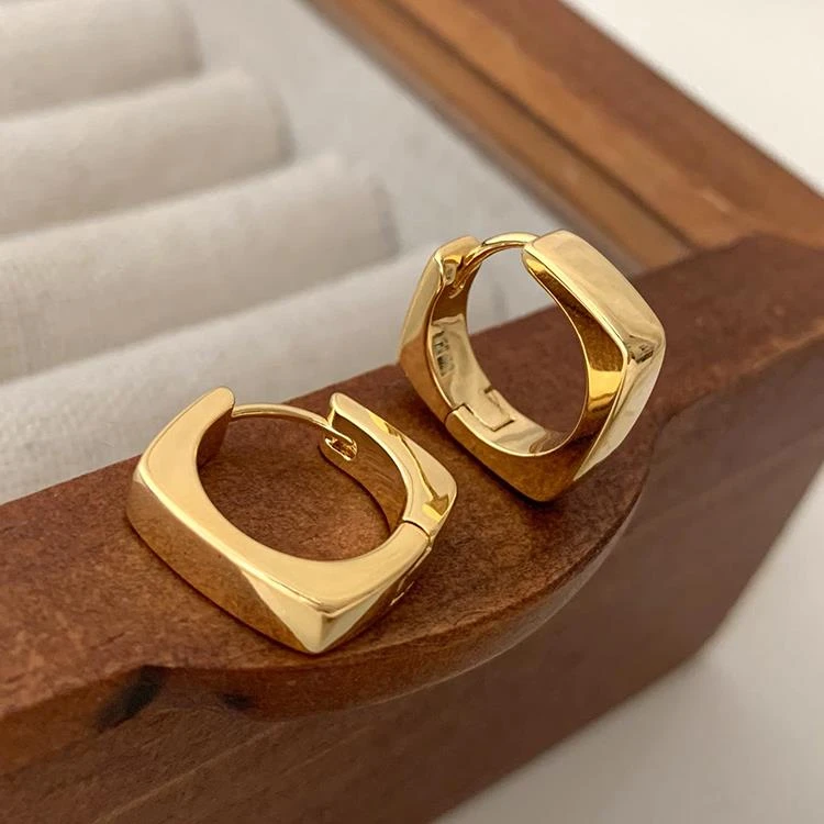 铜合金锆石耳饰 轻奢高级感几何方形金色圈圈耳环女秋冬精致气质i