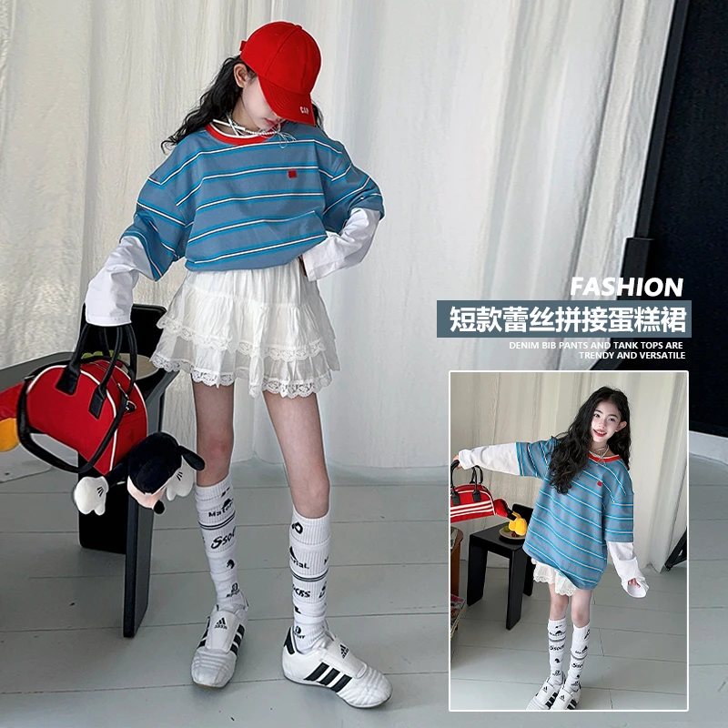 【嘻嘻柚】女童春季2025新款彩条假两件条纹卫衣甜美蛋糕裙带安全裤