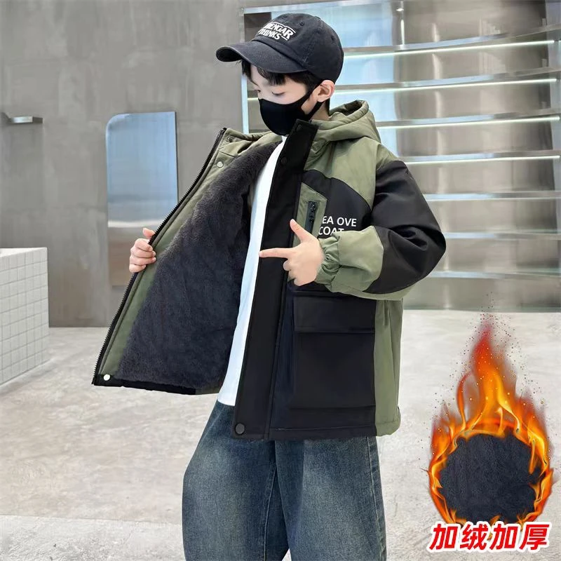 502071童装男童棉服2025冬款兔毛加棉加厚连帽棉衣宝宝潮酷上衣