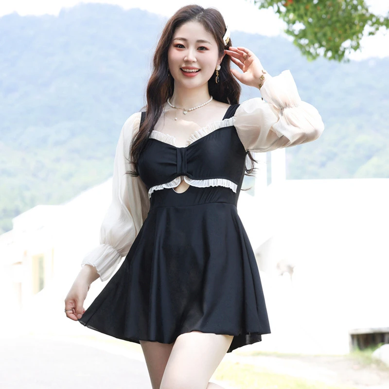 微胖女孩游泳衣女连体平角加大码长袖保守遮肚显瘦温泉胖妹游泳装