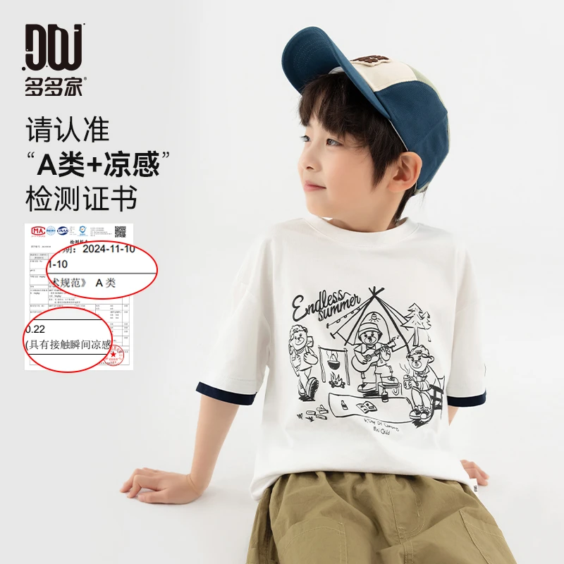 多多家10468【有170.A类全棉.假两件T】儿童夏季露营欢乐熊短袖T恤