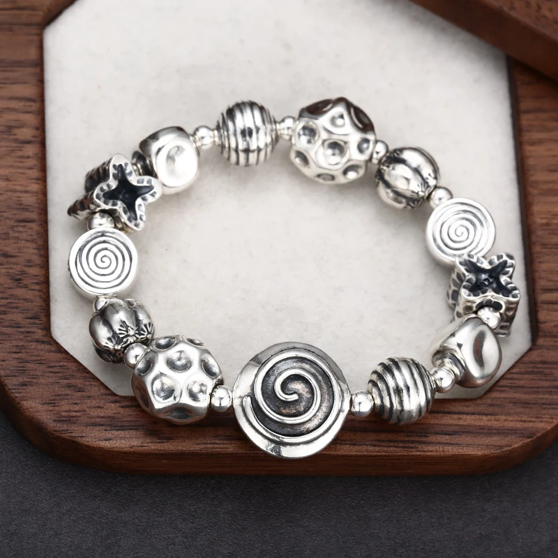 925银手链 手工银时尚百搭多元素敲面手链