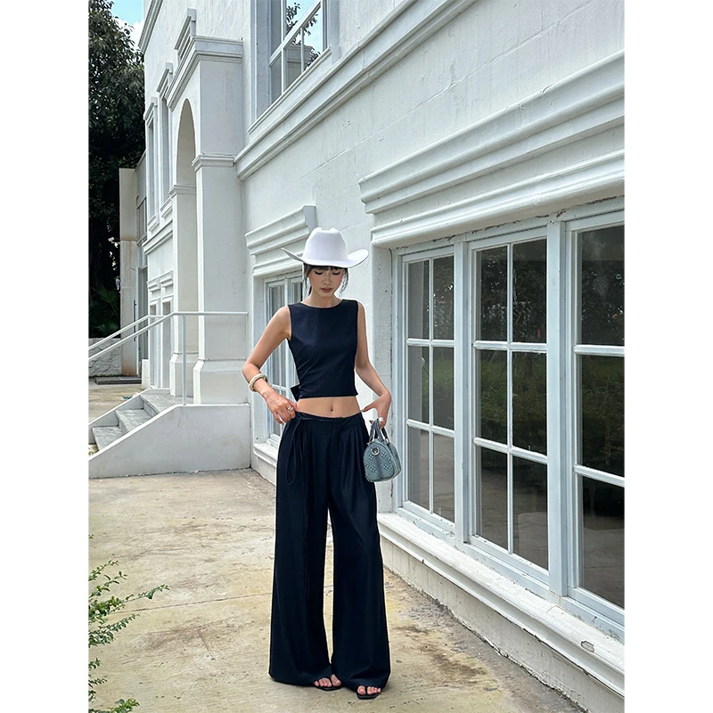 VENUIE【素心兰】简约无袖露背背心上衣高腰阔腿休闲裤两件套22524