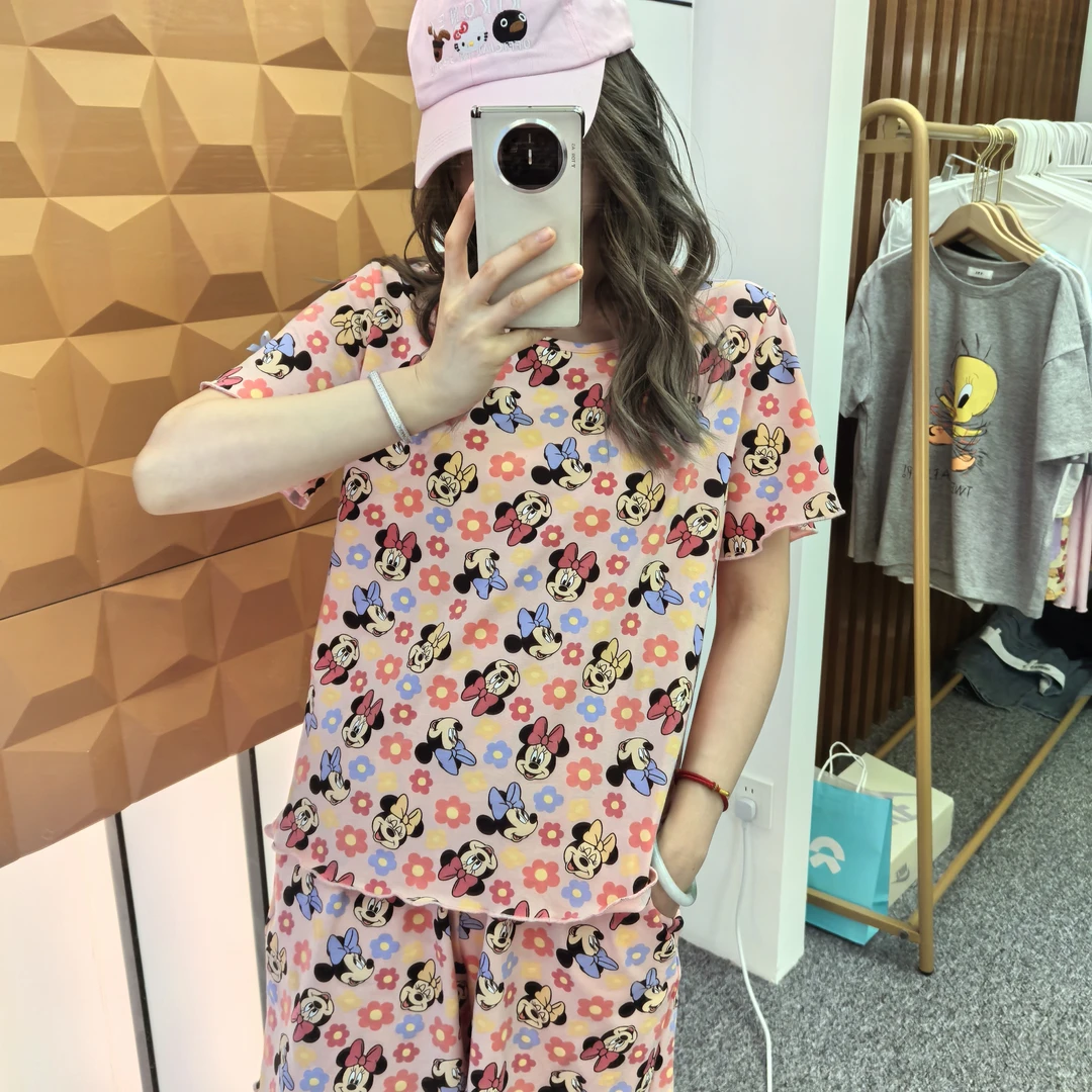 小个子 韩国外单出口套装纯棉短袖三分裤两件套睡衣女家居服夏季