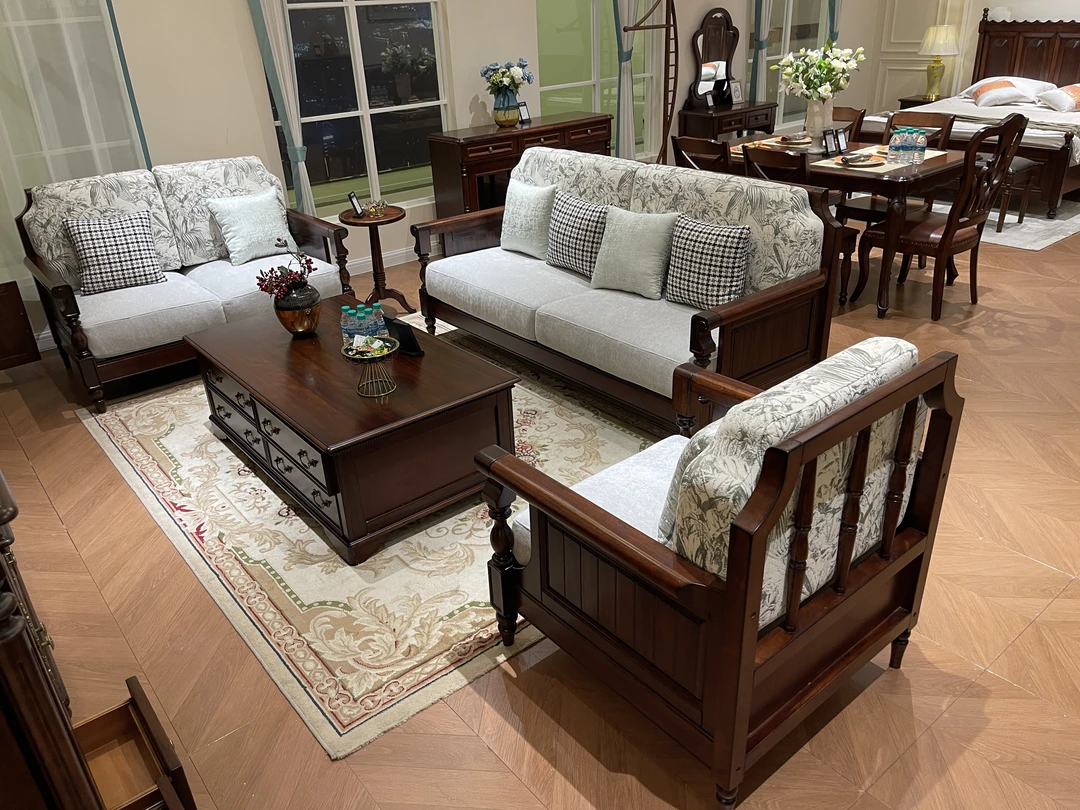 K-818#美式复古布艺全实木复古客厅家具北美桃花芯木美式沙发