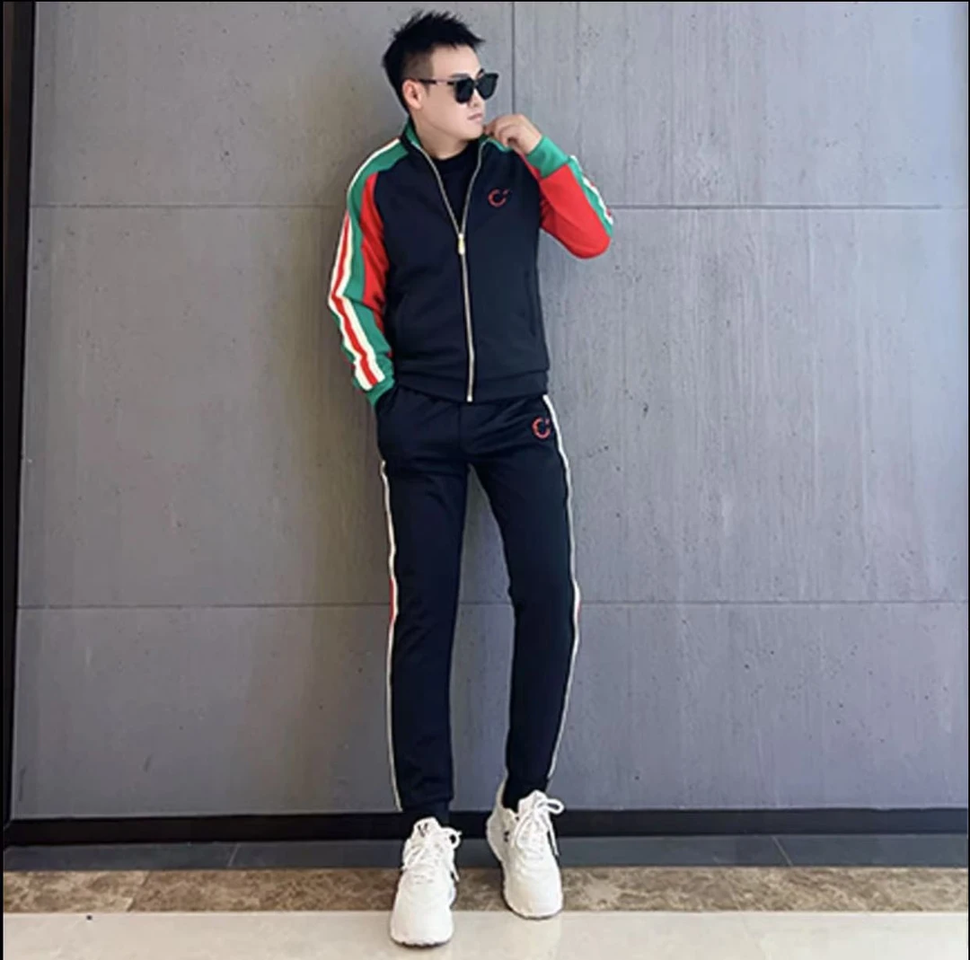 欧洲站春秋新款立领休闲运动套装男士撞色拼接百搭外套长裤两件套