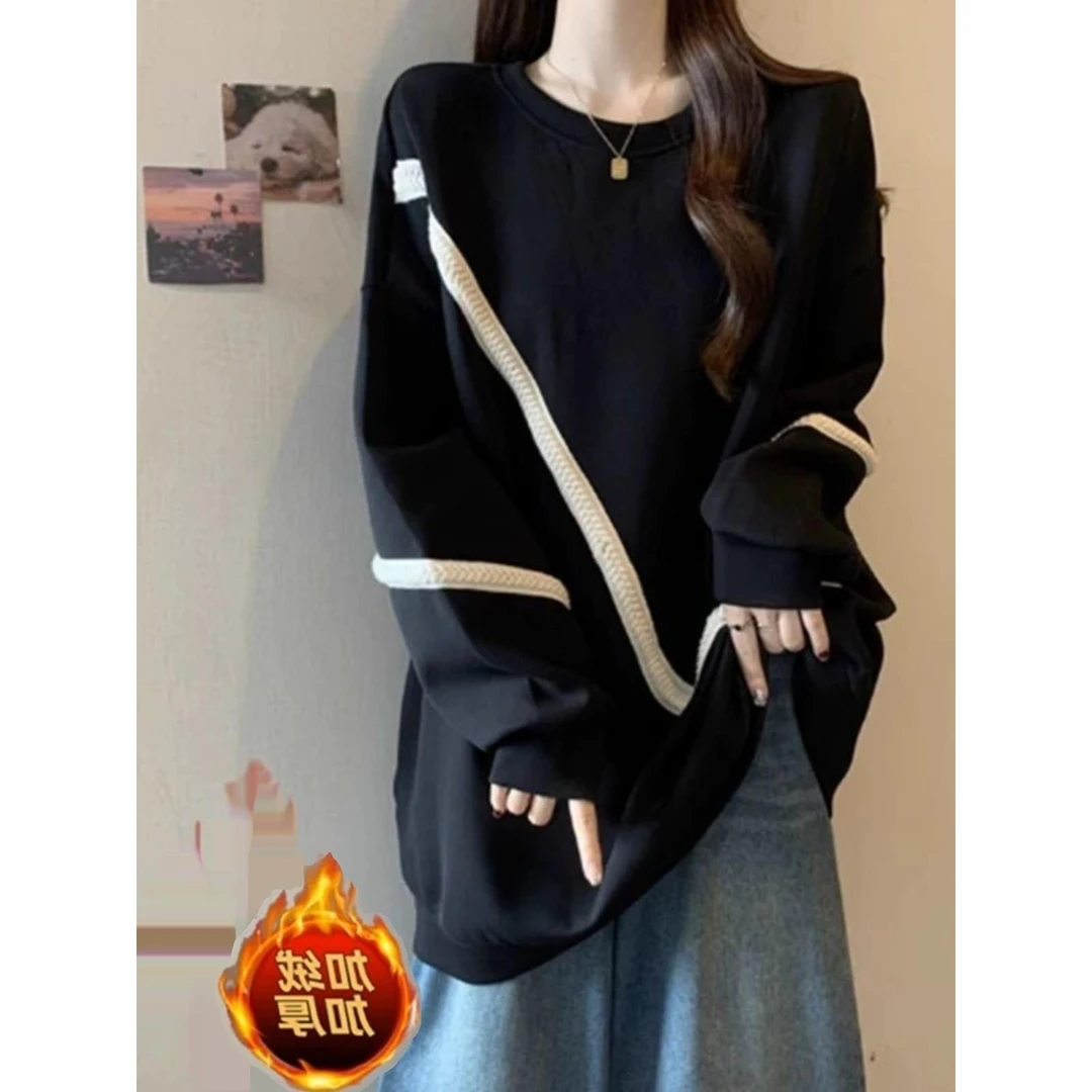 大码胖mm300斤洋气条纹加绒加厚卫衣女秋冬宽松中长款遮屁股上衣2