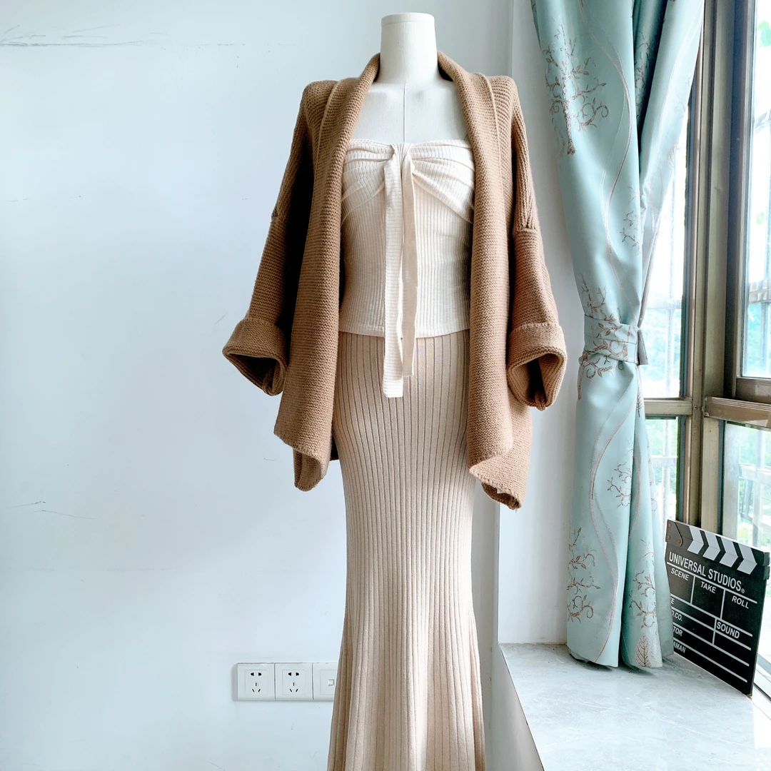 慵懒柔欲天菜秋冬针织毛衣开衫外套抹胸背心半身裙显瘦百搭三件套