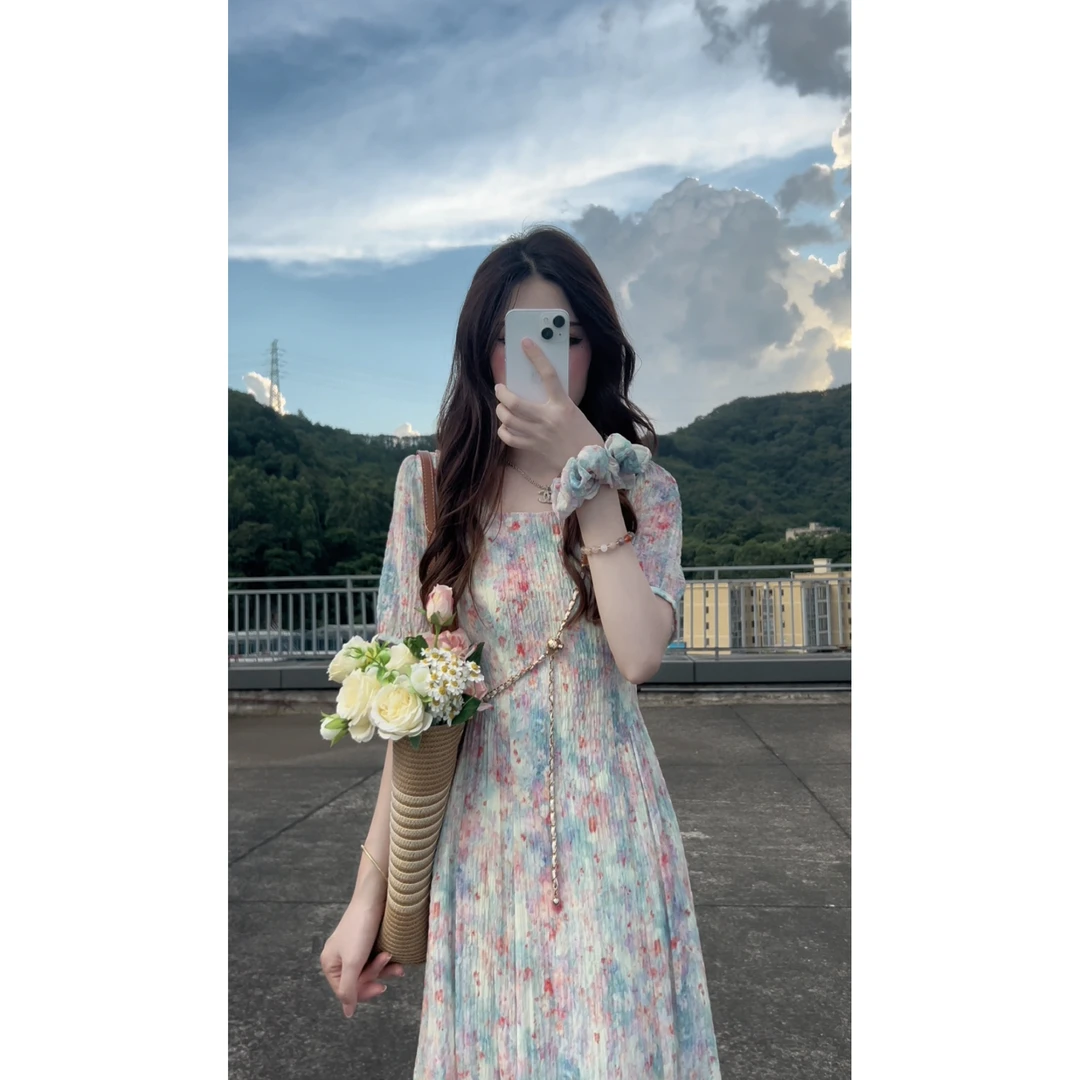 【有口袋】爱丽丝仙境温柔碎花连衣裙女夏季收腰显瘦方领a字裙1518