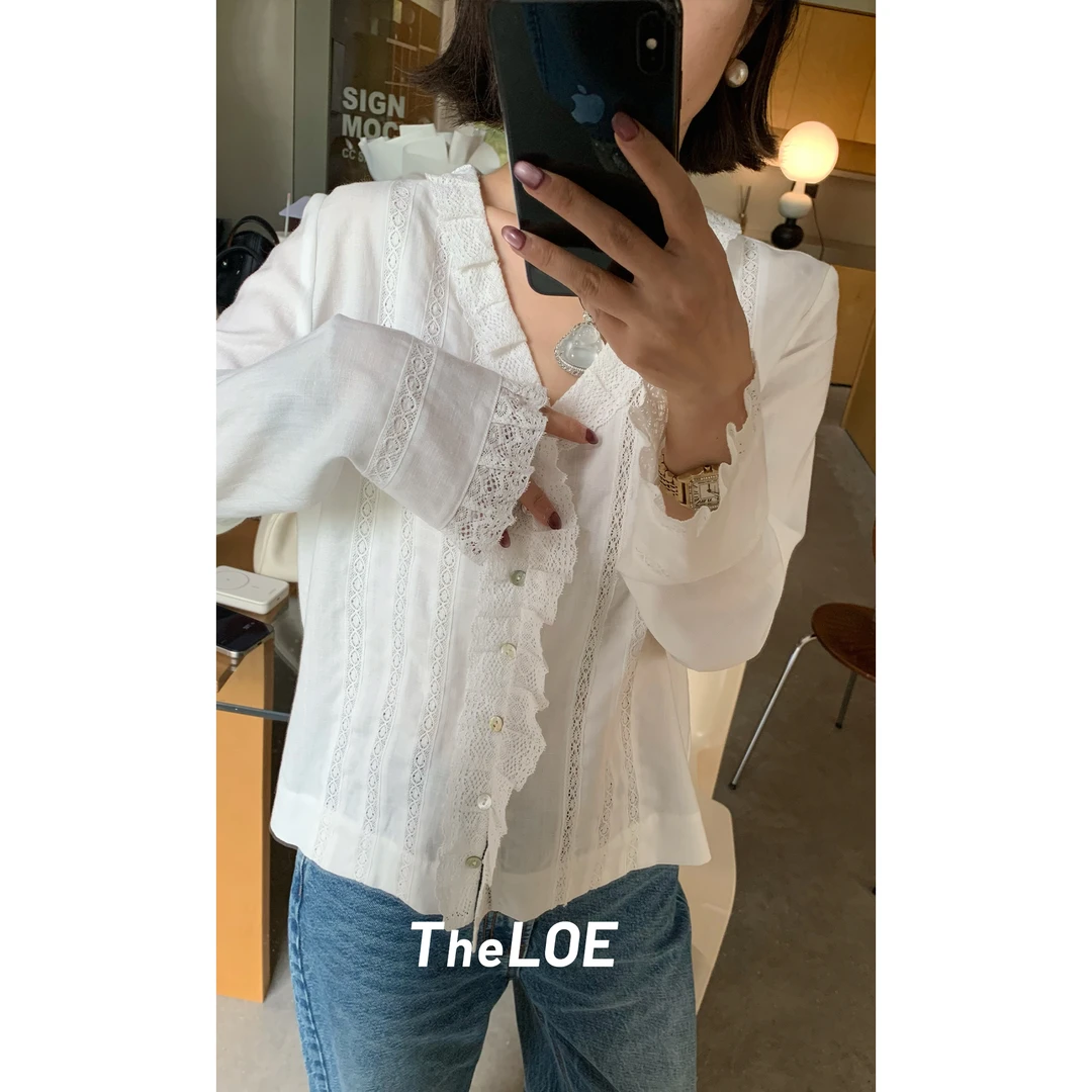 TheLOE/天丝亚麻薄款夏日衬衫V领荷叶边刺绣衬衣V领#07.25C-G6081