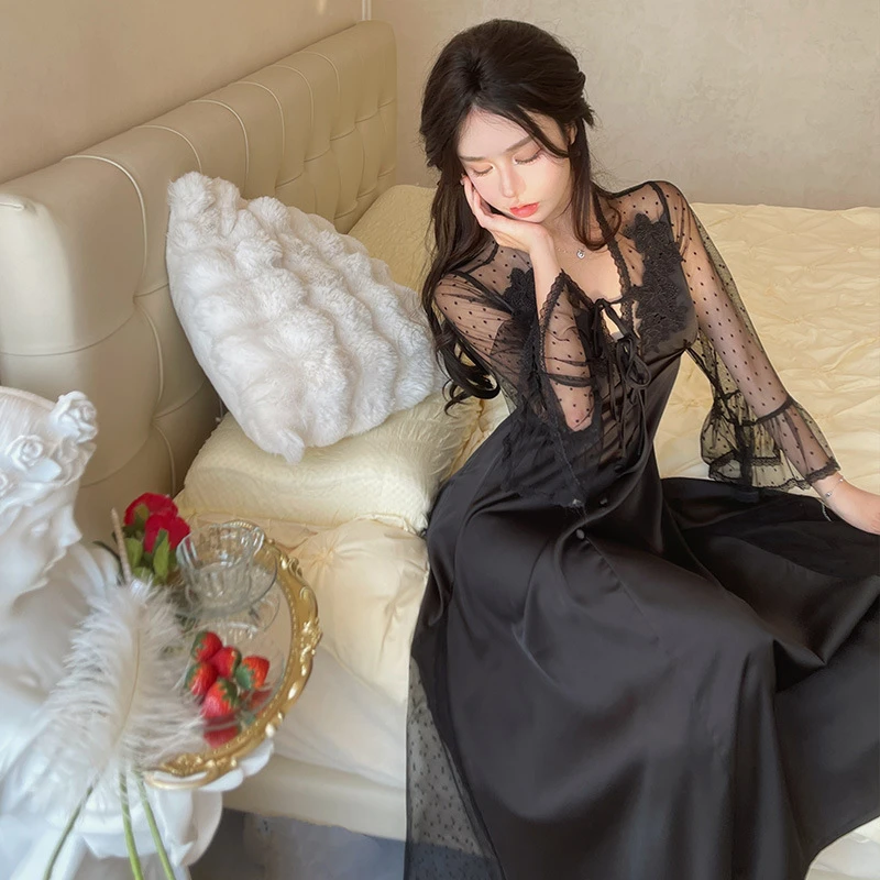 性感奢华高贵睡衣女夏季网纱甜美宫廷风睡裙长款冰丝连衣裙带胸垫