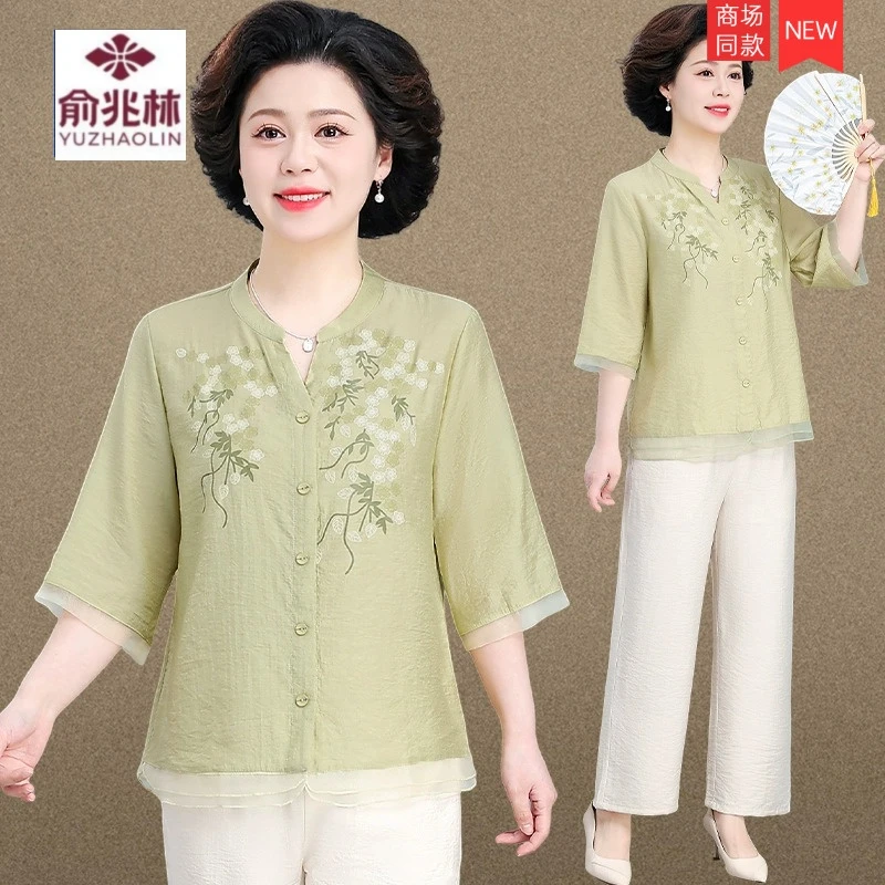 中年妈妈夏装套装洋气高贵棉麻小衫新款中老年女春夏短袖国风上衣