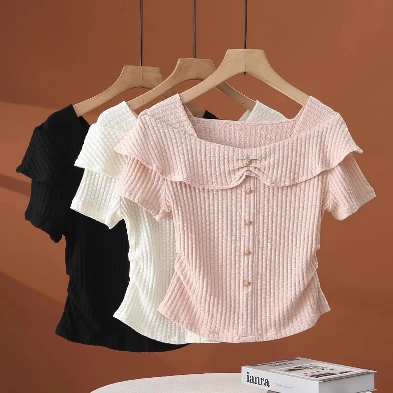 拉夏贝尔粉色短袖t恤2025新款夏季时尚洋气时髦小衫修身短款上衣