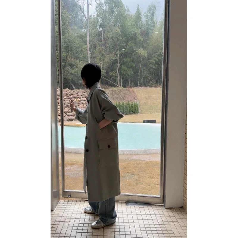 【豆绿色风衣】进口面料豆绿色早春长款风衣J25WT089