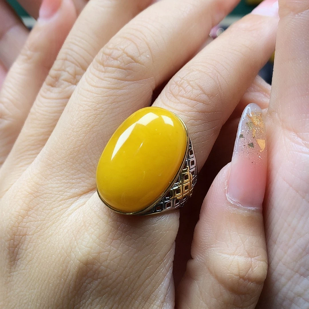 蜜蜡戒指银S925镶嵌戒指