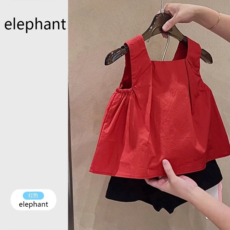 女童夏装2025新款套装女孩韩版翻领背心上衣洋气儿童纯色百搭短裤