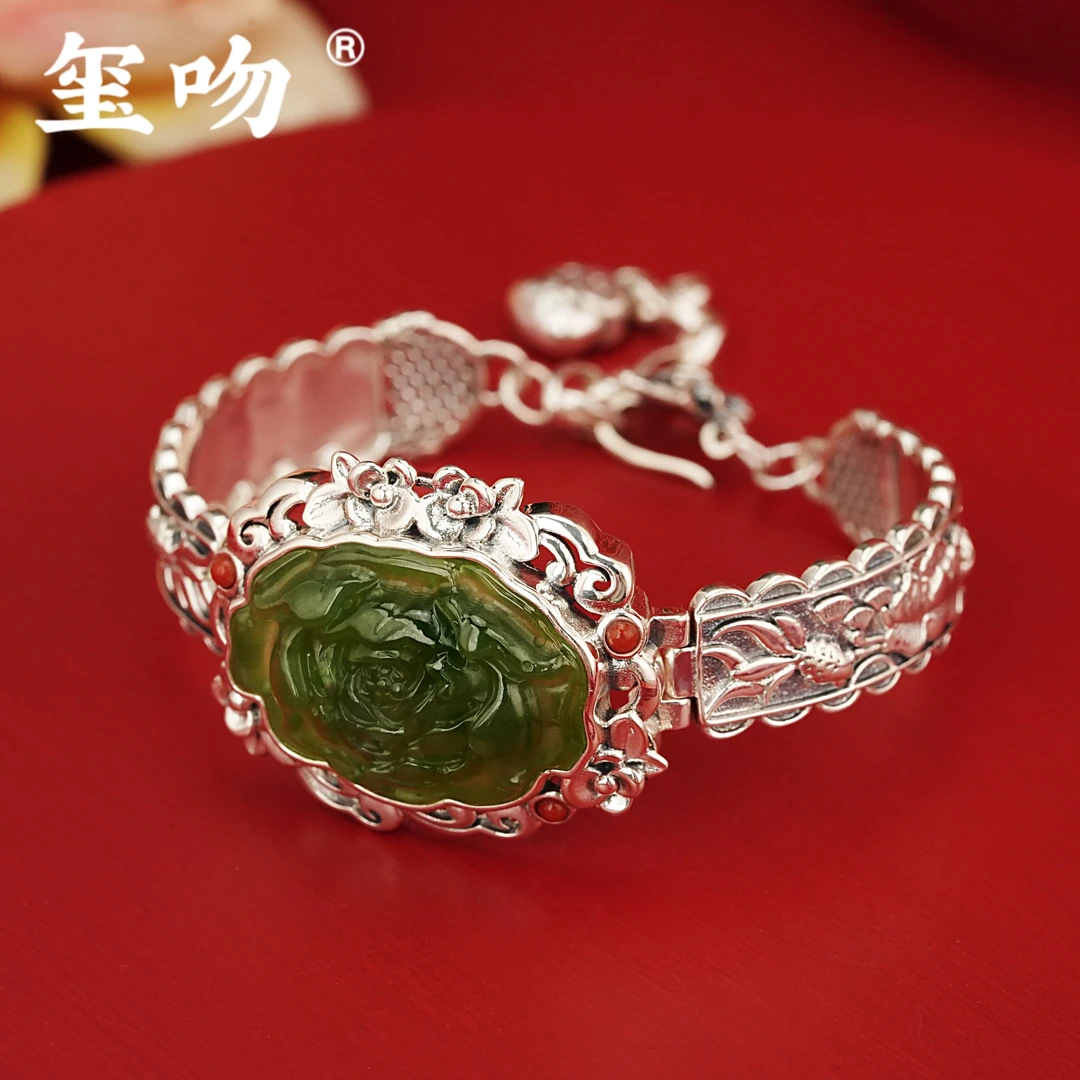 【玺吻】s925银 鱼戏莲 天然和田玉老坑碧玉莲花手链