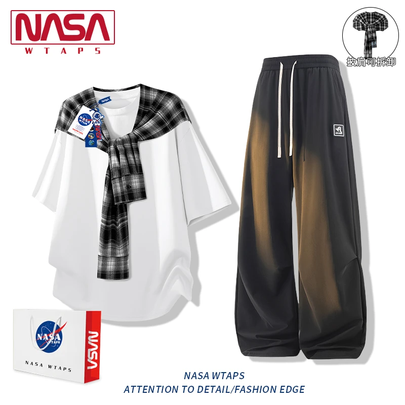 NASA WTAPS假两件格子T恤长裤套装男夏季休闲透气短袖裤子三件套