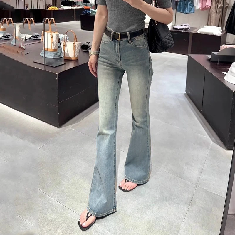 复古蓝微喇牛仔裤微喇裤女新款春秋高腰显瘦修身喇叭裤小个子