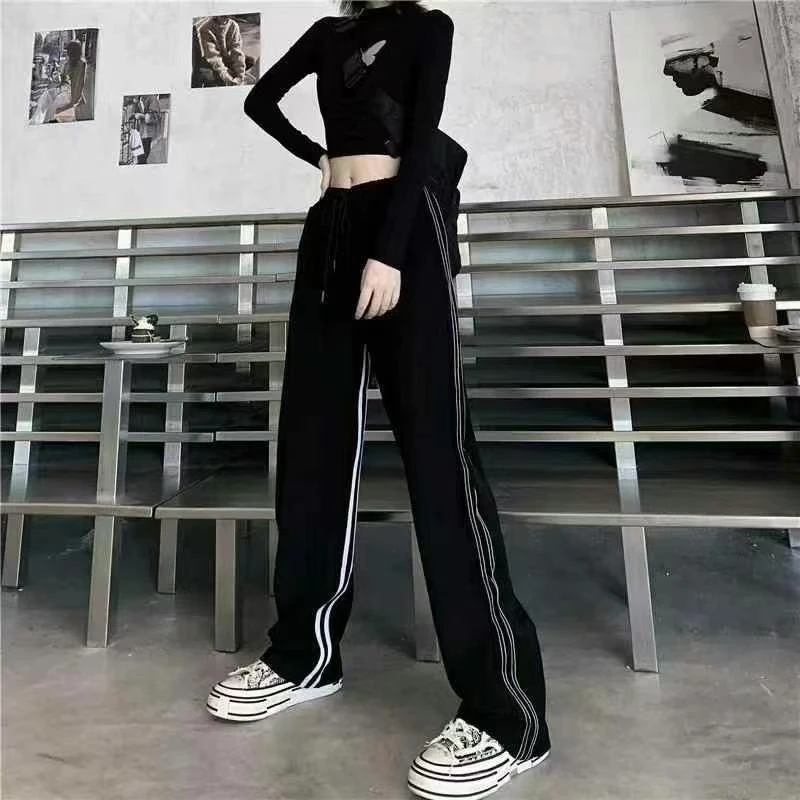 1940-D2-1/2【两条杠】窄版直筒休闲裤抽绳松紧腰有口袋男女通穿