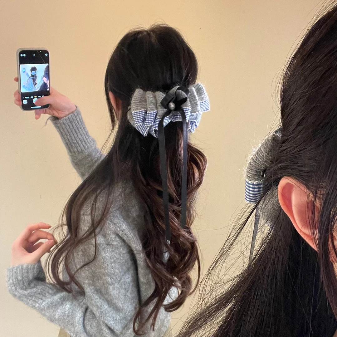 韩系珍珠蝴蝶结香蕉夹女高级感后脑勺盘发发夹低马尾气质头花发饰