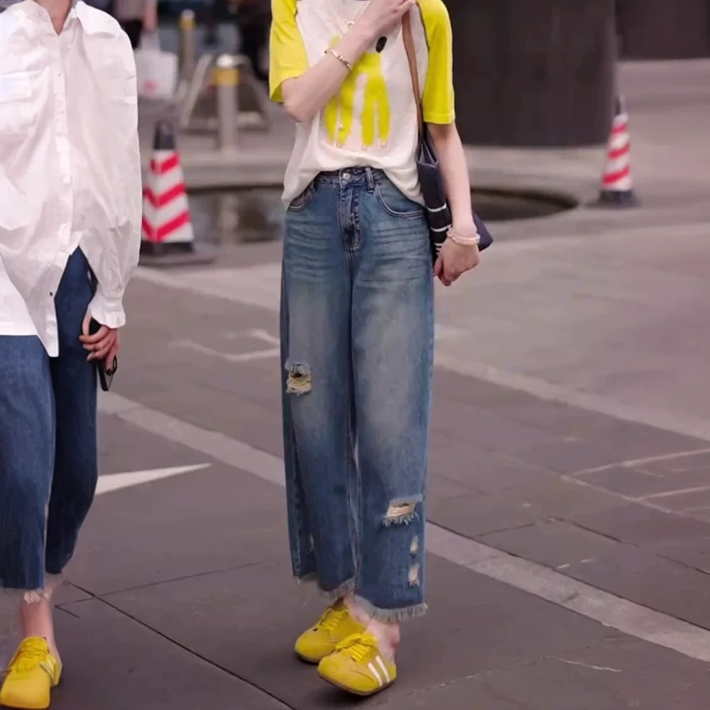 2025夏季薄款大码女装宽松直筒毛边破洞牛仔裤梨形身材高腰九分裤