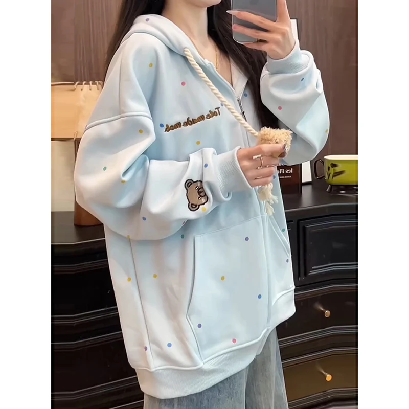 大码新款彩点毛绒小熊宽松开衫卫衣秋季时尚休闲甜美减龄连帽外套