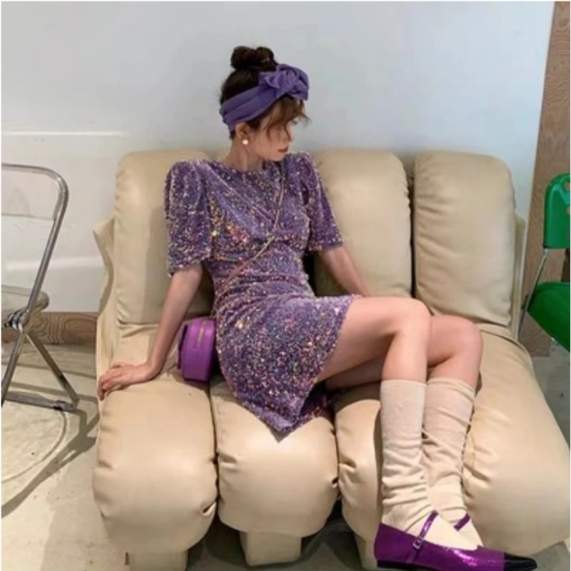 【珠片连衣裙】法式小香风亮片短袖连衣裙   C90-582