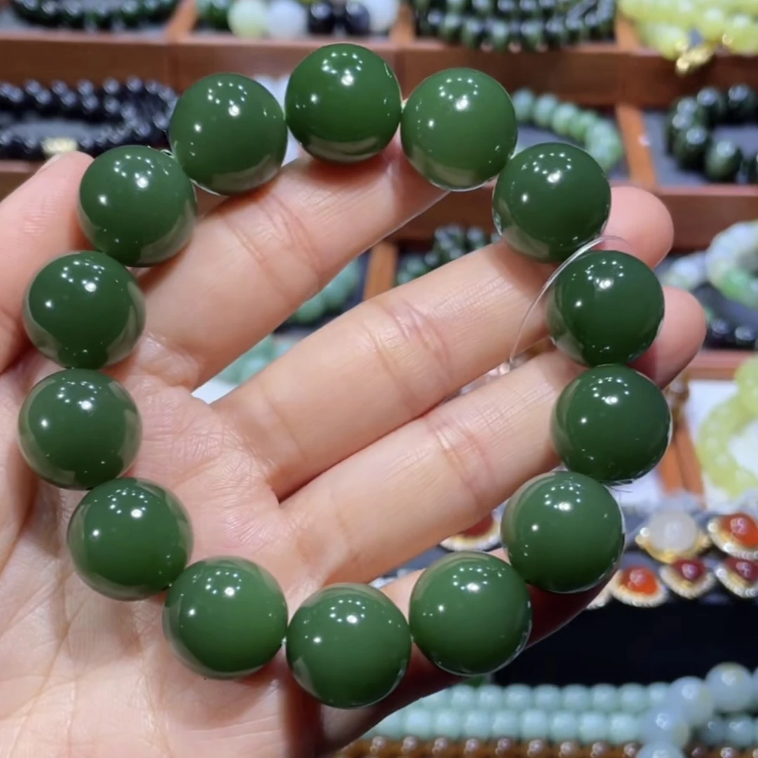 特细料！和田玉俄料碧玉老料起荧光阳绿手串16mm